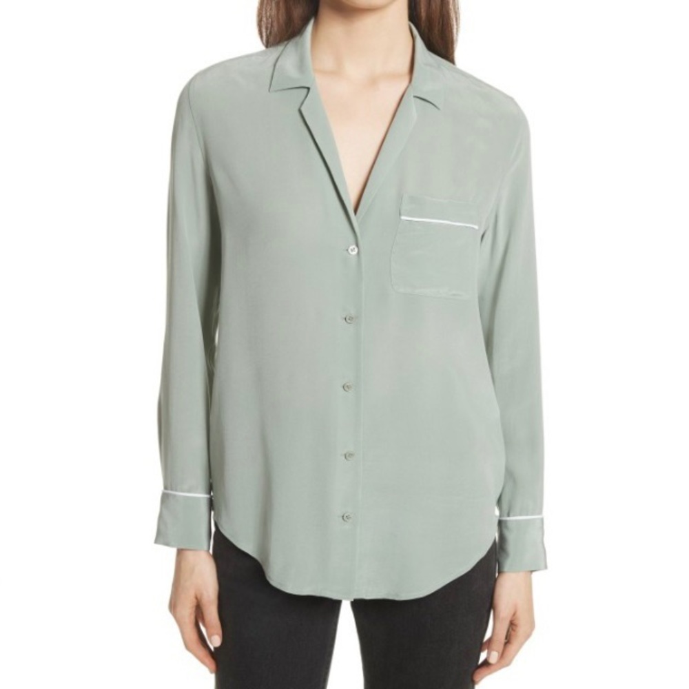Equipment Keira Piped Sage Green Silk Button Down Shirt Women Size XS - Picture 1 of 12